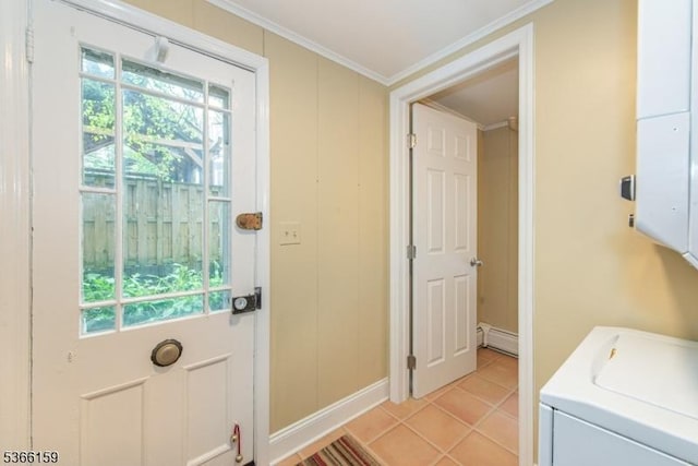 6 Mc Clintock Pl, Parsippany-Troy Hills Twp, NJ 07878 - laundry area featuring a baseboard heating unit, ornamental molding, washer / clothes dryer, and light tile patterned floors