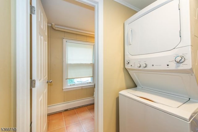6 Mc Clintock Pl, Parsippany-Troy Hills Twp, NJ 07878 - laundry area with a baseboard radiator, stacked washer and clothes dryer, and light tile patterned flooring