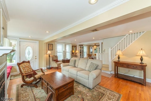 6 Mc Clintock Pl, Parsippany-Troy Hills Twp, NJ 07878 - living room featuring ornamental molding, light wood finished floors, stairway, and recessed lighting