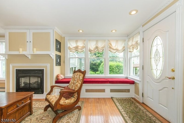 6 Mc Clintock Pl, Parsippany-Troy Hills Twp, NJ 07878 - foyer entrance featuring plenty of natural light, hardwood / wood-style flooring, ornamental molding, a glass covered fireplace, and recessed lighting