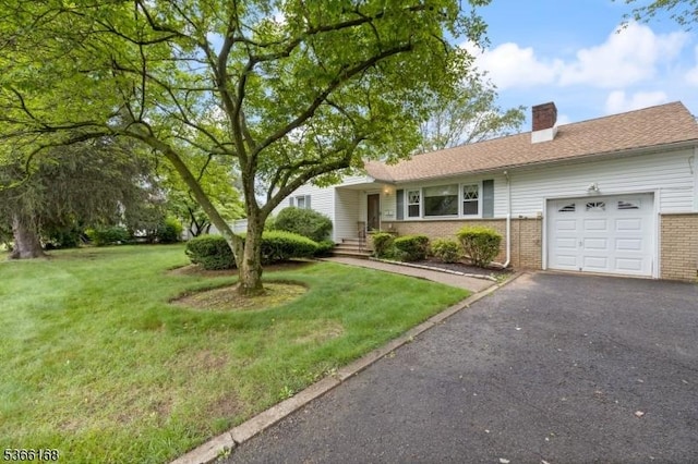 3 Casey Ave, East Hanover Twp, NJ 07936 - ranch-style home with brick siding, a garage, a front yard, a chimney, and asphalt driveway