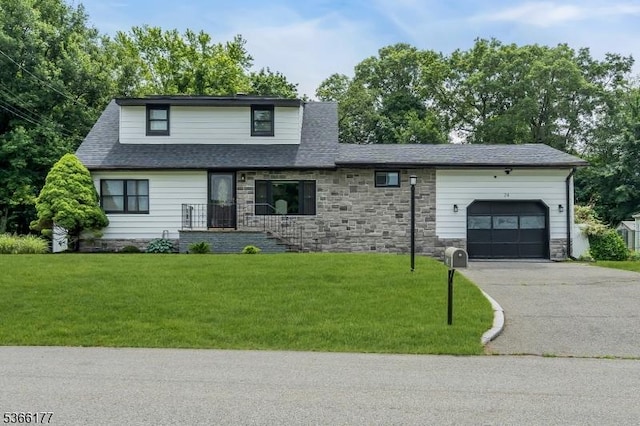 24 Roxbury Dr, Roxbury Twp, NJ 07847 - view of front of house featuring a garage, driveway, a front lawn, stone siding, and a shingled roof