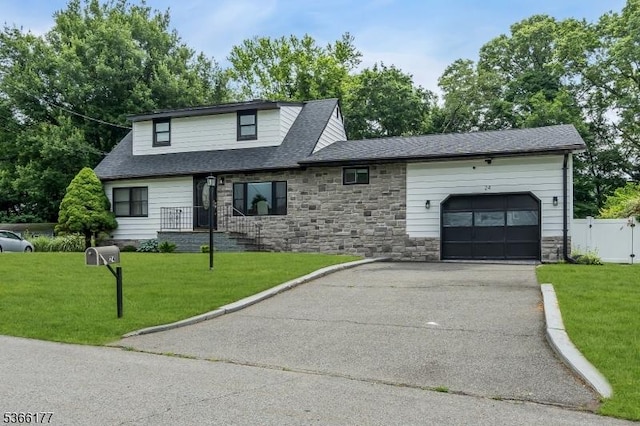 24 Roxbury Dr, Roxbury Twp, NJ 07847 - view of front of property featuring stone siding, an attached garage, driveway, and roof with shingles