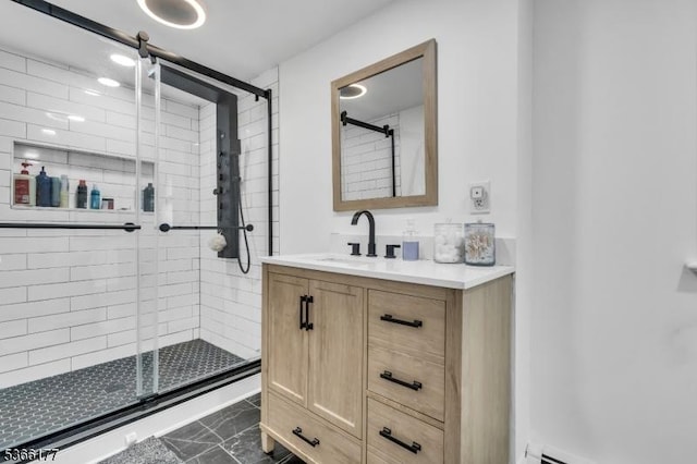 24 Roxbury Dr, Roxbury Twp, NJ 07847 - full bathroom with marble finish floors, a stall shower, vanity, and a baseboard radiator