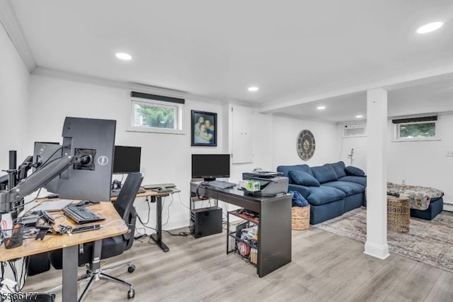 24 Roxbury Dr, Roxbury Twp, NJ 07847 - office with light wood-style flooring, crown molding, recessed lighting, and a wall unit AC