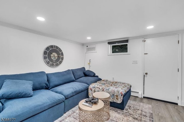24 Roxbury Dr, Roxbury Twp, NJ 07847 - living area featuring baseboard heating, light wood finished floors, an AC wall unit, recessed lighting, and ornamental molding