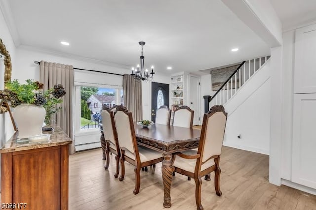 24 Roxbury Dr, Roxbury Twp, NJ 07847 - dining space with a chandelier, light wood-style flooring, stairs, crown molding, and a baseboard heating unit