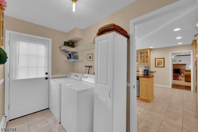 2 Kerry Pl, Mount Olive Twp, NJ 07836 - laundry room featuring light tile patterned floors, washing machine and dryer, recessed lighting, and baseboard heating