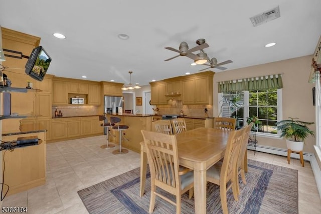 2 Kerry Pl, Mount Olive Twp, NJ 07836 - dining room featuring ceiling fan, a baseboard heating unit, recessed lighting, and light tile patterned flooring