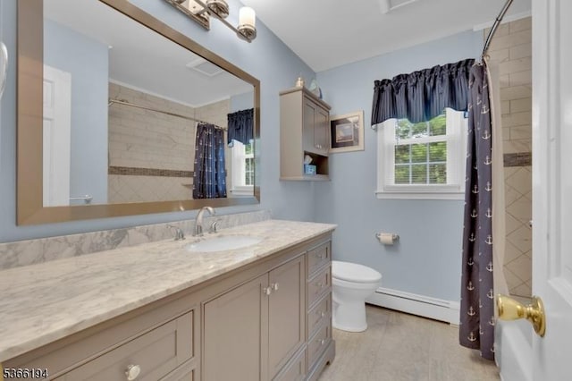 2 Kerry Pl, Mount Olive Twp, NJ 07836 - bathroom featuring a baseboard heating unit, vanity, and curtained shower