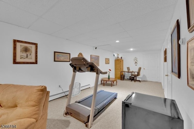 2 Kerry Pl, Mount Olive Twp, NJ 07836 - workout area featuring a drop ceiling, carpet, and a baseboard radiator