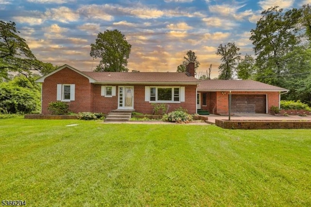 76 Hawks Schoolhouse Rd, Holland Twp, NJ 08804 - ranch-style house with an attached garage, a front lawn, brick siding, and a chimney