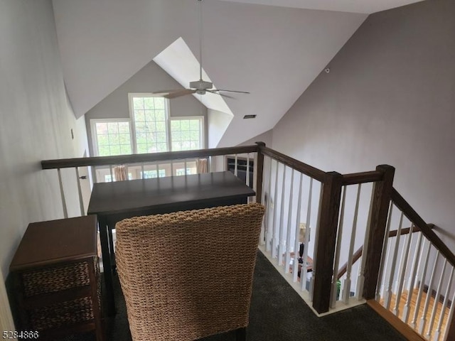 1-23 Pine Cres Unit 23, Vernon Twp, NJ 07462 - staircase featuring a ceiling fan, high vaulted ceiling, and carpet flooring