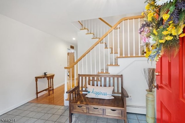 33 Kings Hwy, Washington Twp, NJ 07853 - tiled entrance foyer featuring a baseboard radiator, stairway, and recessed lighting