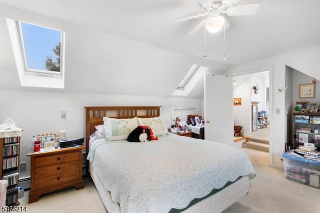 33 Kings Hwy, Washington Twp, NJ 07853 - bedroom featuring a skylight, light carpet, vaulted ceiling, and a ceiling fan