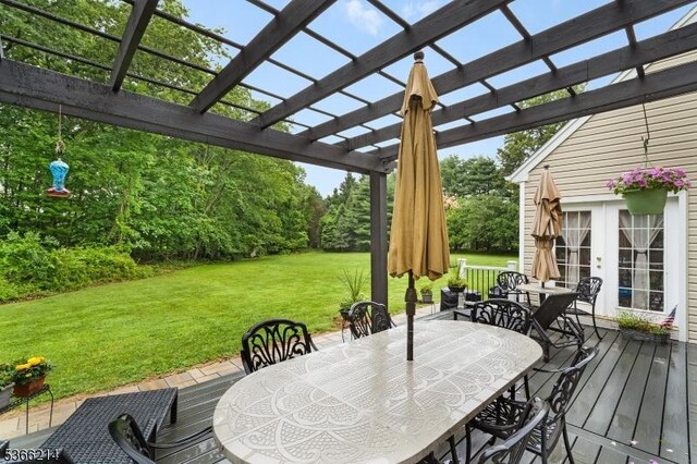 33 Kings Hwy, Washington Twp, NJ 07853 - wooden deck with outdoor dining area, a yard, and a pergola