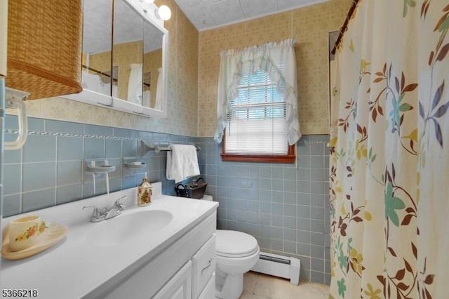 15 Stony Brook Rd, Byram Twp, NJ 07874 - full bathroom with wallpapered walls, baseboard heating, vanity, curtained shower, and wainscoting
