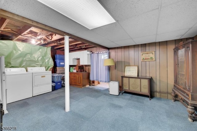 15 Stony Brook Rd, Byram Twp, NJ 07874 - below grade area with washing machine and clothes dryer, carpet, and a drop ceiling