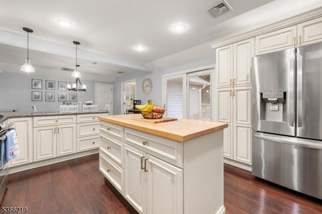12 Ridge Rd, West Milford Twp, NJ 07480 - kitchen with stainless steel refrigerator with ice dispenser, butcher block countertops, dark wood-style flooring, recessed lighting, and pendant lighting