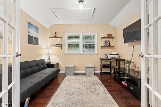 12 Ridge Rd, West Milford Twp, NJ 07480 - living area featuring attic access, dark wood-style floors, vaulted ceiling, and french doors