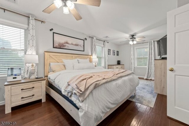 12 Ridge Rd, West Milford Twp, NJ 07480 - bedroom with dark wood-style flooring, multiple windows, and a ceiling fan