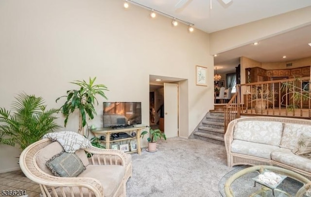856 Colonial Arms Rd, Union Twp, NJ 07083 - carpeted living room featuring ceiling fan, rail lighting, and stairway