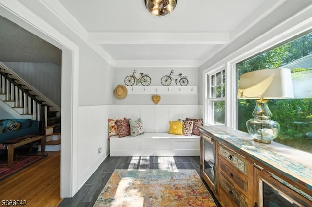 86 Riverside Dr, Denville Twp, NJ 07834 - sitting room with stairway, healthy amount of natural light, wainscoting, dark wood-style floors, and beamed ceiling