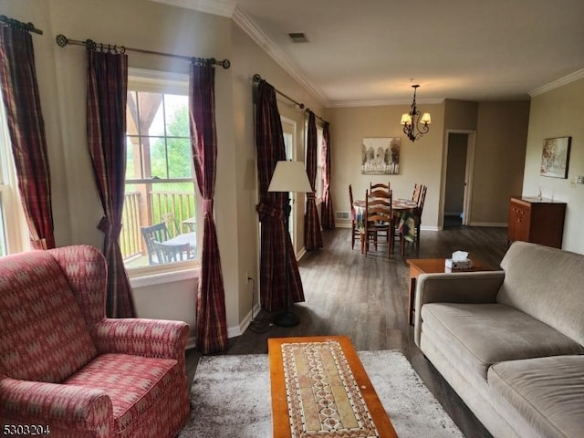 7-11 Maple Cres Unit 11, Vernon Twp, NJ 07462 - living area featuring a chandelier, ornamental molding, healthy amount of natural light, and wood finished floors