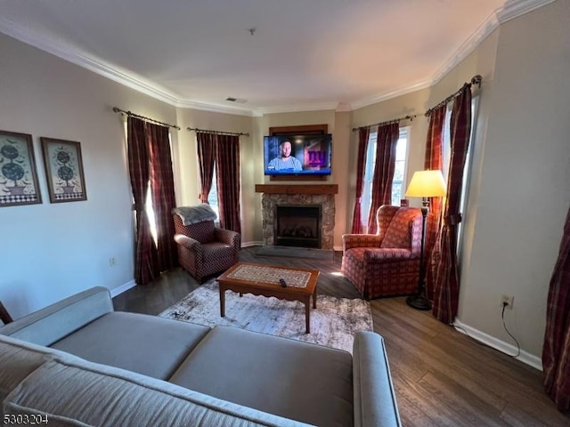 7-11 Maple Cres Unit 11, Vernon Twp, NJ 07462 - living area featuring a fireplace, ornamental molding, and wood finished floors