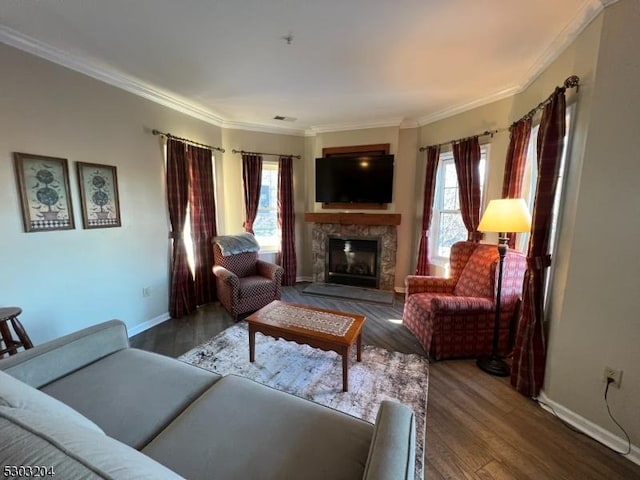 7-11 Maple Cres Unit 11, Vernon Twp, NJ 07462 - living room with healthy amount of natural light, ornamental molding, wood finished floors, and a fireplace