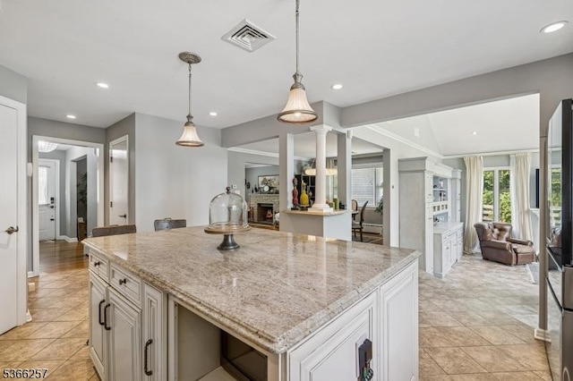 1127 Mountain Ave, Berkeley Heights Twp, NJ 07922 - kitchen featuring open floor plan, light stone counters, recessed lighting, decorative light fixtures, and a center island