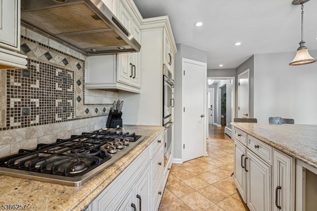 1127 Mountain Ave, Berkeley Heights Twp, NJ 07922 - kitchen featuring range hood, stainless steel appliances, backsplash, pendant lighting, and light stone countertops
