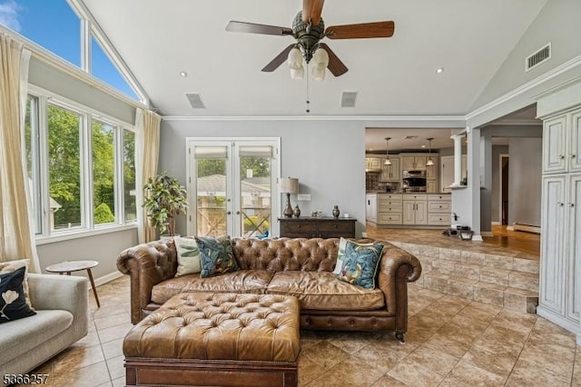 1127 Mountain Ave, Berkeley Heights Twp, NJ 07922 - living room with french doors, high vaulted ceiling, a baseboard radiator, ceiling fan, and light tile patterned flooring