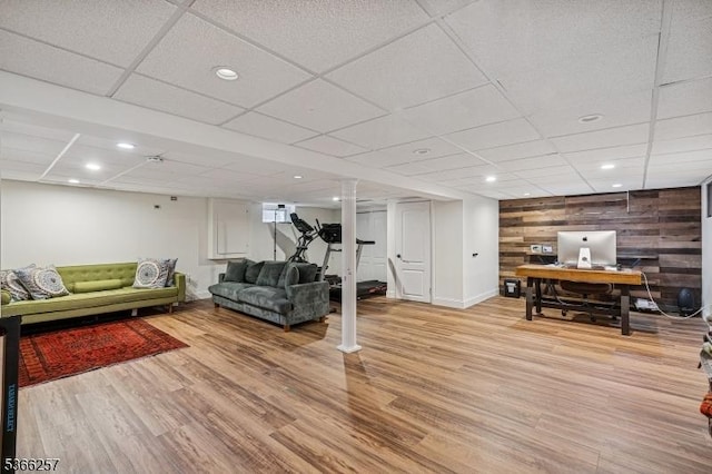 1127 Mountain Ave, Berkeley Heights Twp, NJ 07922 - living area with wood walls, light wood-style flooring, recessed lighting, a desk, and a drop ceiling