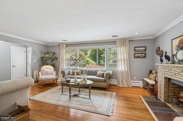 1127 Mountain Ave, Berkeley Heights Twp, NJ 07922 - living room featuring ornamental molding, a baseboard radiator, a brick fireplace, recessed lighting, and light wood-style floors