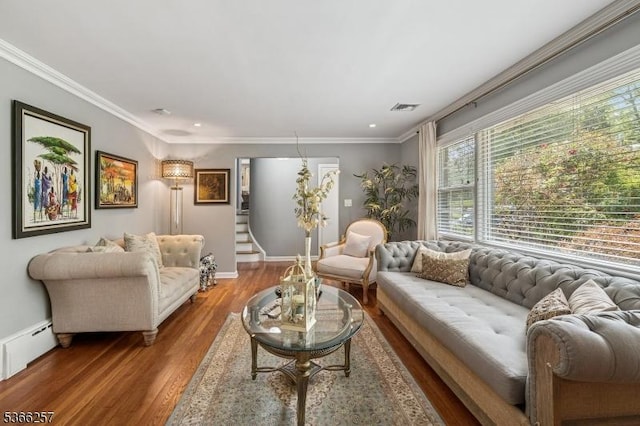 1127 Mountain Ave, Berkeley Heights Twp, NJ 07922 - living room with wood finished floors, crown molding, recessed lighting, stairway, and a baseboard radiator