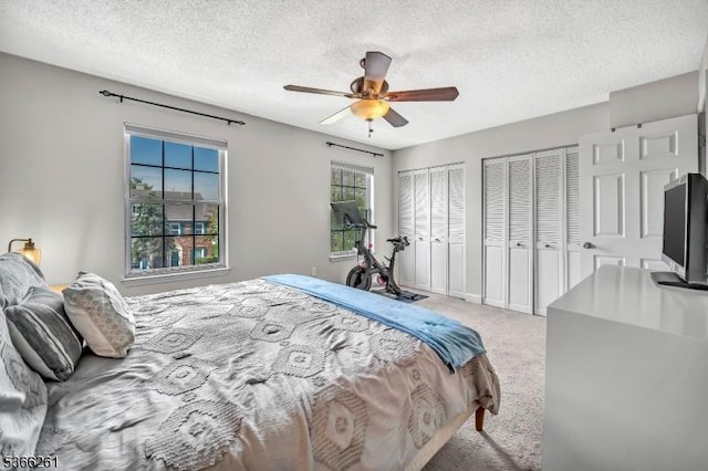 2904 Pinhorn Dr, Bridgewater Twp, NJ 08807 - carpeted bedroom featuring two closets, a textured ceiling, and ceiling fan