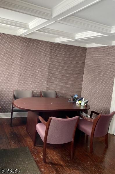 51 High St, Newton Town, NJ 07860 - dining room with coffered ceiling, wallpapered walls, wood-type flooring, beamed ceiling, and crown molding