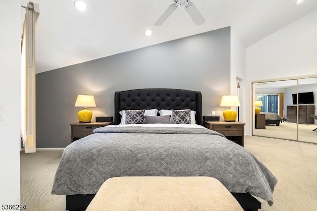 29 Stonegate Dr, Watchung Boro, NJ 07069 - bedroom with carpet floors, a ceiling fan, high vaulted ceiling, and recessed lighting