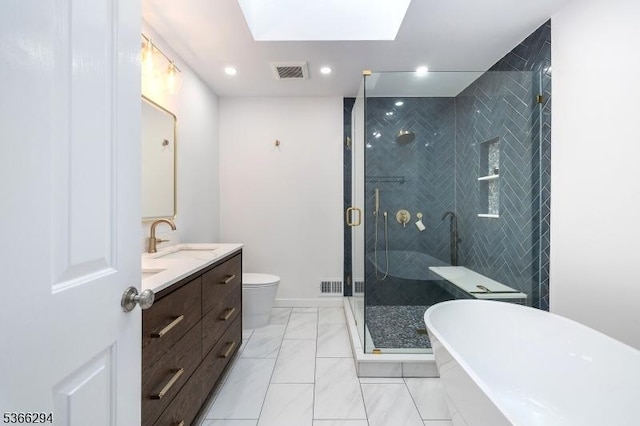 29 Stonegate Dr, Watchung Boro, NJ 07069 - bathroom featuring vanity, a soaking tub, a stall shower, marble finish flooring, and recessed lighting
