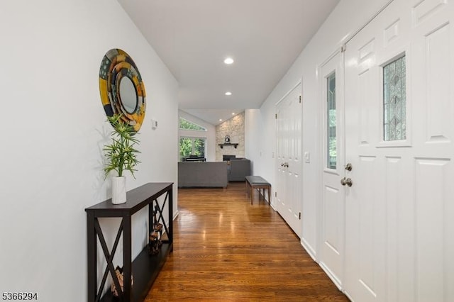 29 Stonegate Dr, Watchung Boro, NJ 07069 - hall featuring dark wood-type flooring, lofted ceiling, and recessed lighting