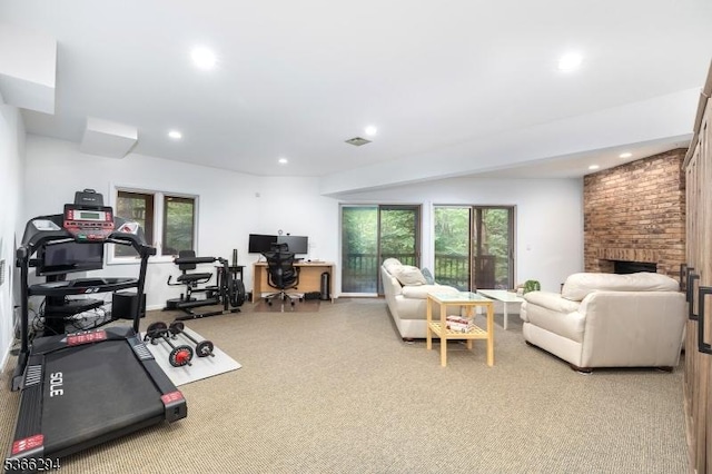 29 Stonegate Dr, Watchung Boro, NJ 07069 - workout room featuring recessed lighting, carpet floors, and a fireplace