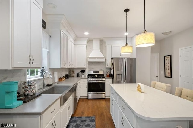 4 Kisling Ave, Hopatcong Boro, NJ 07843 - kitchen featuring appliances with stainless steel finishes, custom range hood, a center island, recessed lighting, and white cabinets