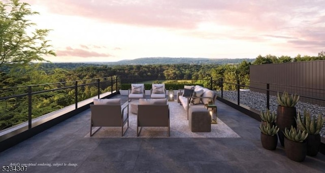 43 Abby Rd, Peapack Gladstone Boro, NJ 07977 - patio terrace at dusk with an outdoor living space and a wooded view