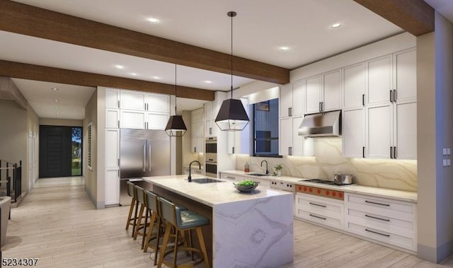43 Abby Rd, Peapack Gladstone Boro, NJ 07977 - kitchen with under cabinet range hood, beam ceiling, light wood finished floors, decorative backsplash, and appliances with stainless steel finishes