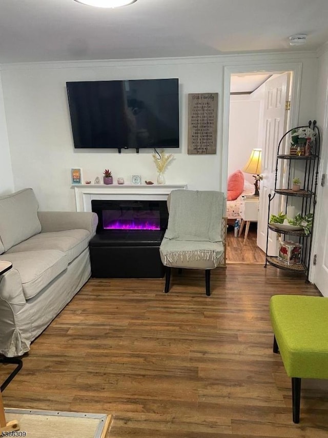 16 Sale St, Moonachie Boro, NJ 07074 - living room with ornamental molding, wood finished floors, and a glass covered fireplace