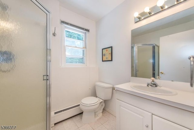 34 Copperfield Rd, Scotch Plains Twp, NJ 07076 - bathroom featuring a baseboard radiator, vanity, tile patterned floors, and a shower stall