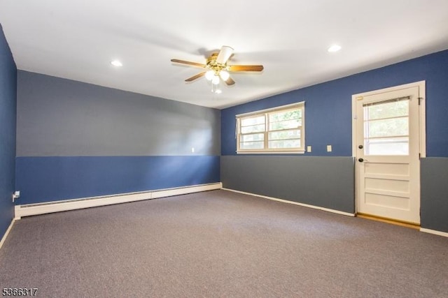 34 Copperfield Rd, Scotch Plains Twp, NJ 07076 - empty room with a ceiling fan, baseboard heating, carpet, and recessed lighting