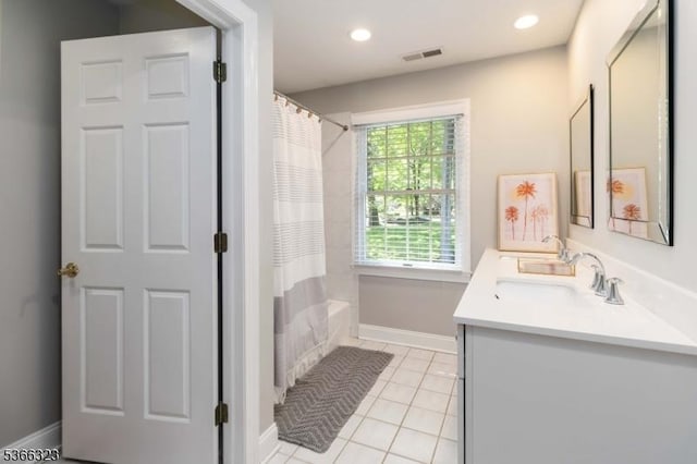 8 Forest Dr, Morris Twp, NJ 07960 - full bathroom featuring double vanity, tile patterned flooring, shower / bath combo, and recessed lighting