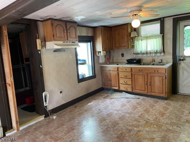196 Rockport Rd, Mansfield Twp, NJ 07865 - kitchen with brown cabinets, a ceiling fan, light countertops, and under cabinet range hood